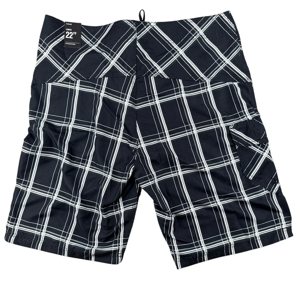 Hurley Puerto Rico Boardshort Mens Size 33 x 22 Black Plaid Swim Trunk Quick Dry